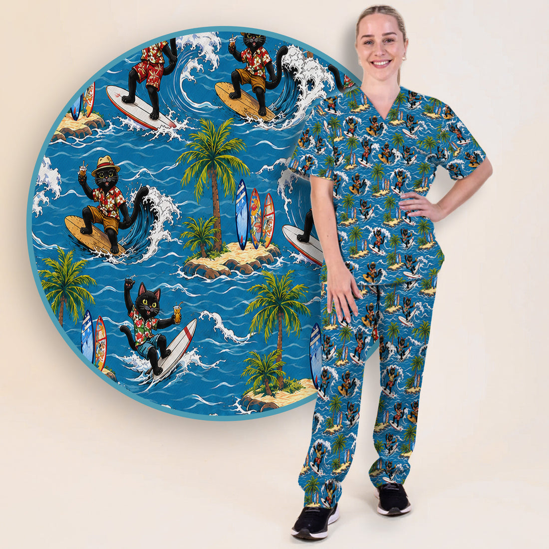 Tropical Black Cat Surfer Island Pattern Scrub Set, Scrub Pants and V Neck Top
