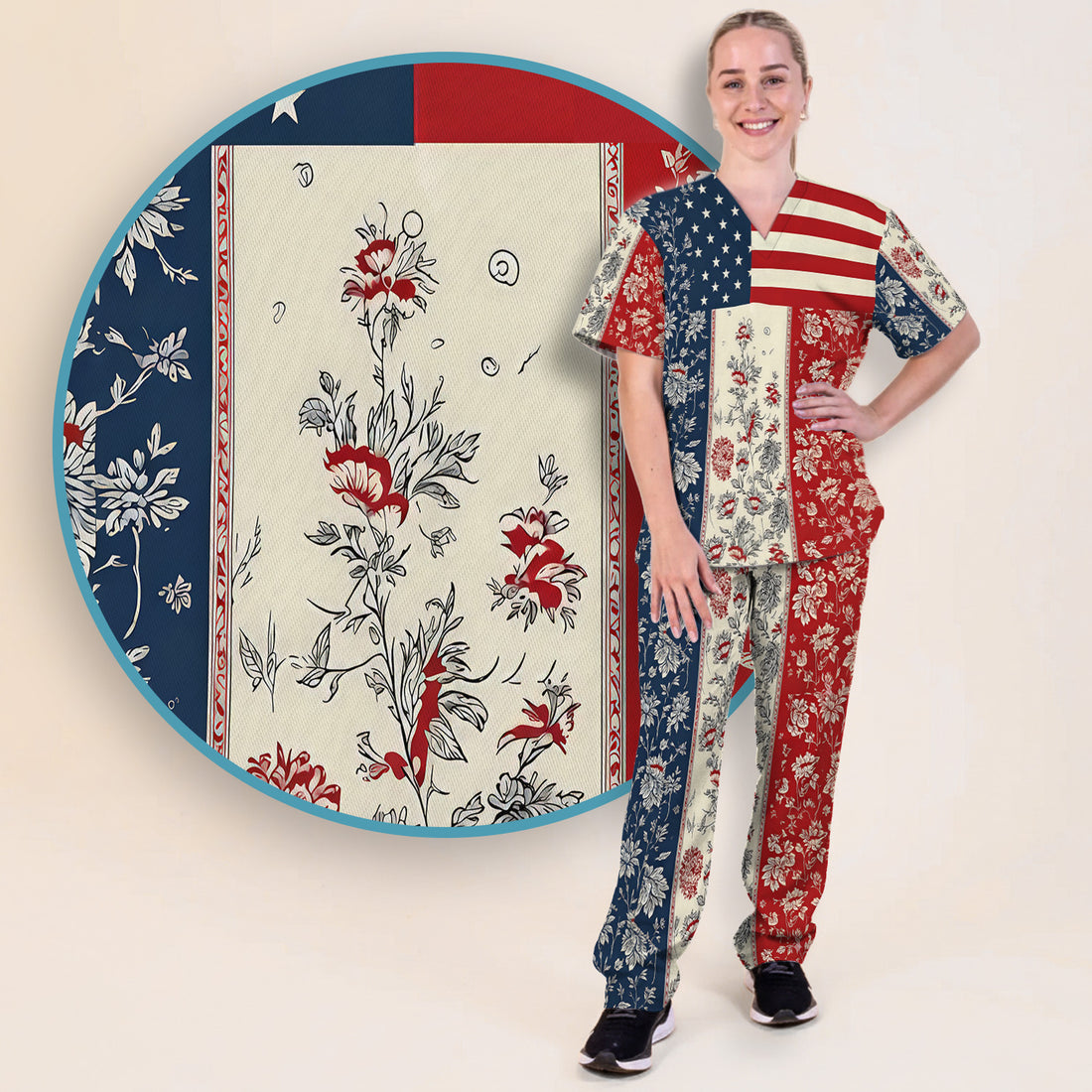 Patriotic Nurse Flag Patchwork Pattern Scrub Set, Scrub Pants and V Neck Top