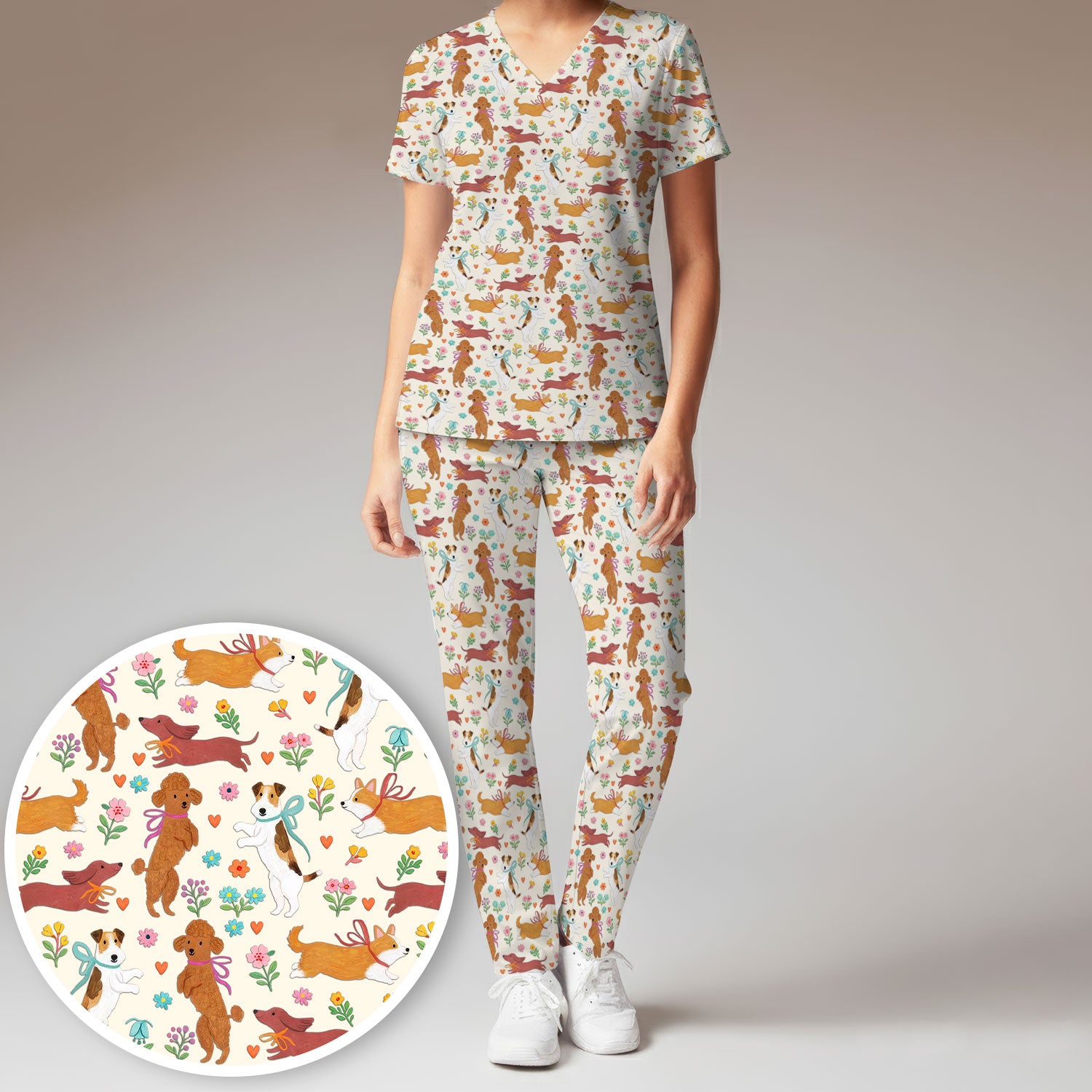 Cute Cartoon Dog Print Women's Scrub Set, Scrub Pants and V Neck Top