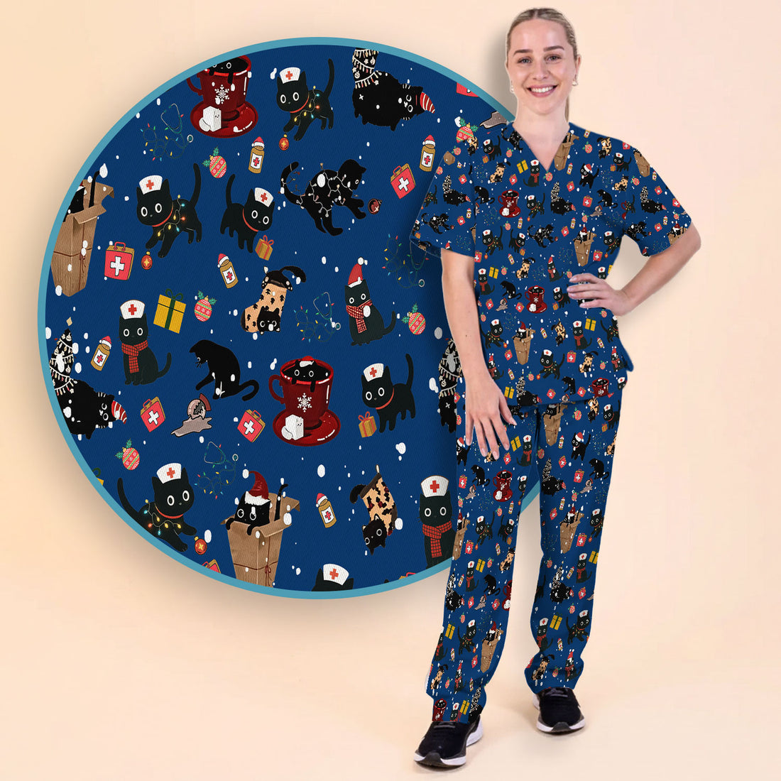 Christmas Cat Scrub Set for Nurse - Funny Black Cats Scrubs Pants and V Neck Top - Cute Holiday Medical Uniform for Women