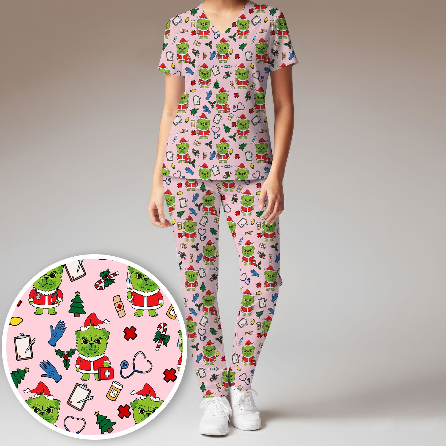 Funny Nurse Christmas Scrubs Set - Grumpy Dog Pattern with Medical Tools - Festive Holiday Scrub Top and Pants for Women