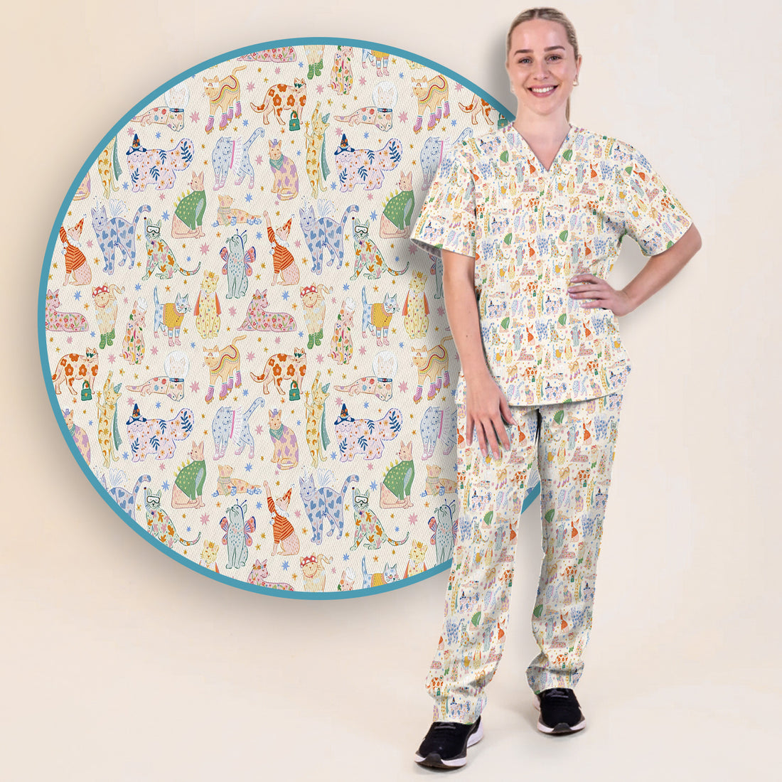 Cute Colorful Cats Pattern Scrub Set, Scrub Pants and V Neck Top