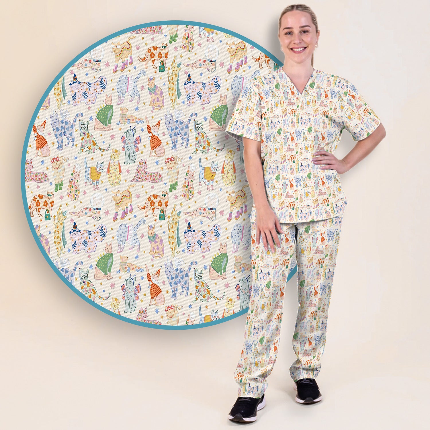 Cute Colorful Cats Pattern Scrub Set, Scrub Pants and V Neck Top