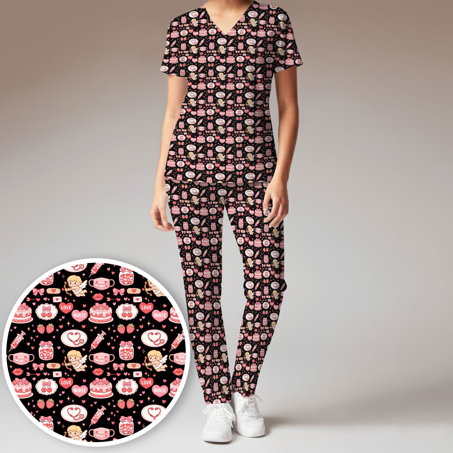 Cupid Nurse Scrub Set, Cute Love Medical Pattern Shirt For Valentine, Breathable Fabrics Nursing Uniform