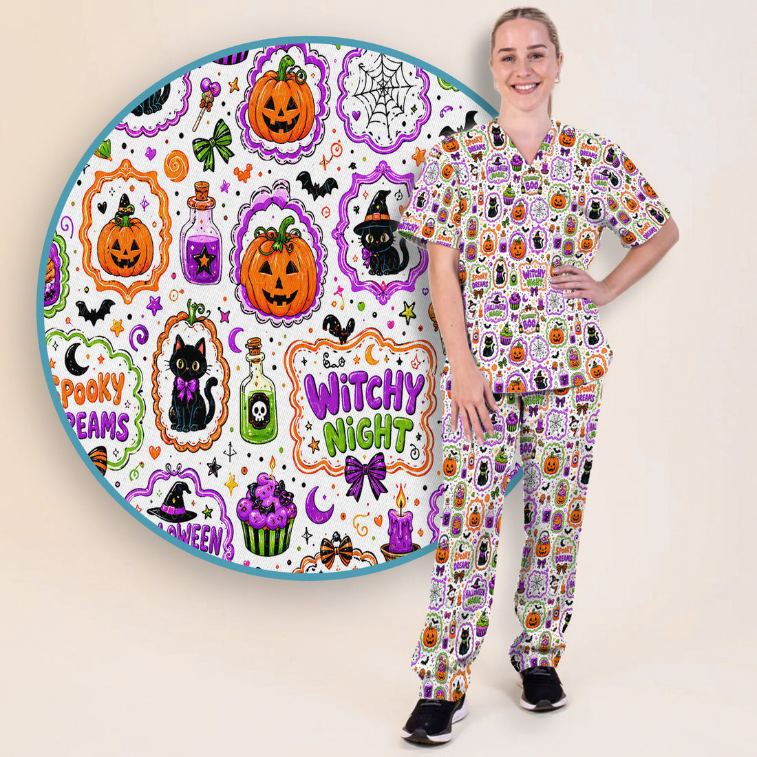 Witchy Halloween Magic And Pumpkins Scrub Set, Scrub Pants and V Neck Top