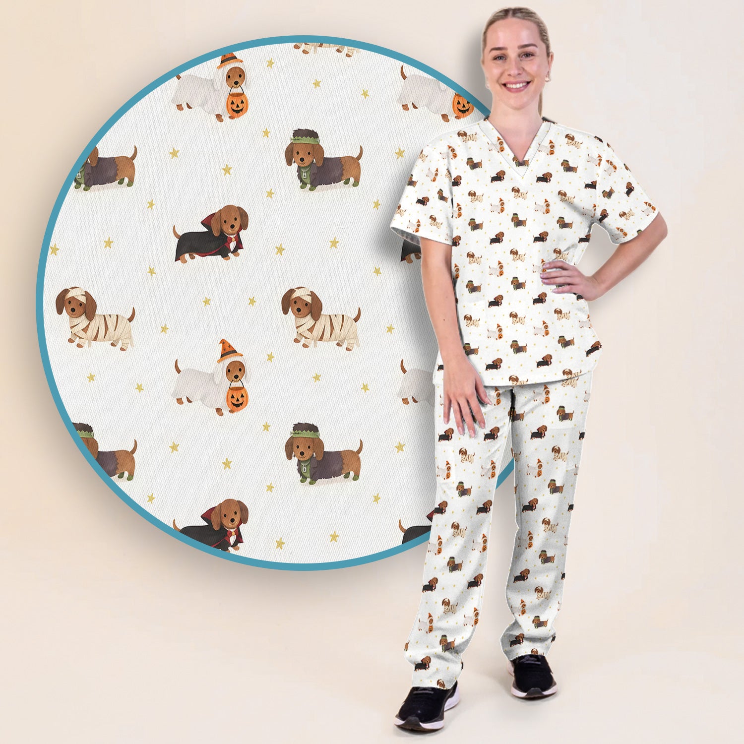 Halloween Dachshund Costumes Print Scrub Set, Scrub Pants and V Neck Top