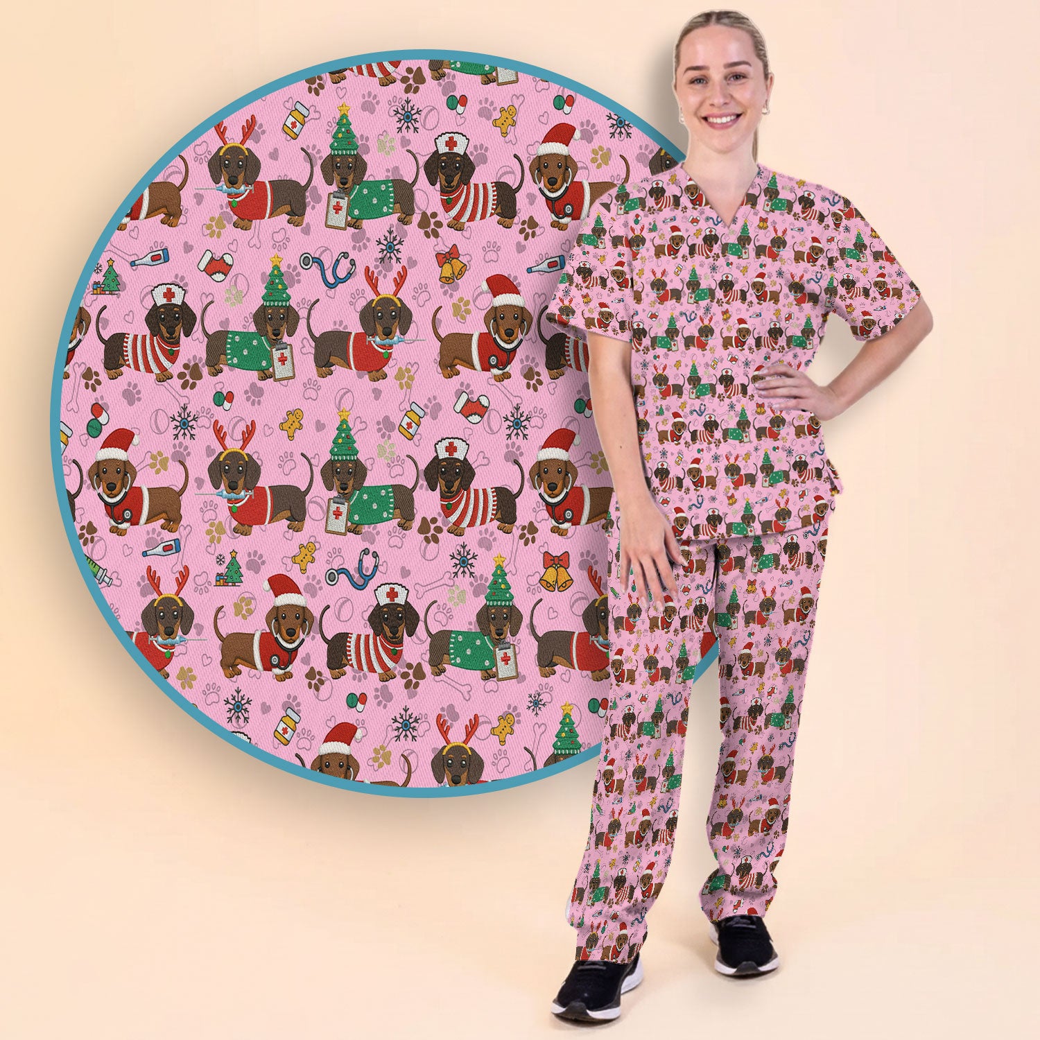 Christmas Dachshund Scrub Set for Nurses - Cute Wiener Dog Scrubs Pants and V Neck Top - Cute Puppy Med Uniform Gift for Women