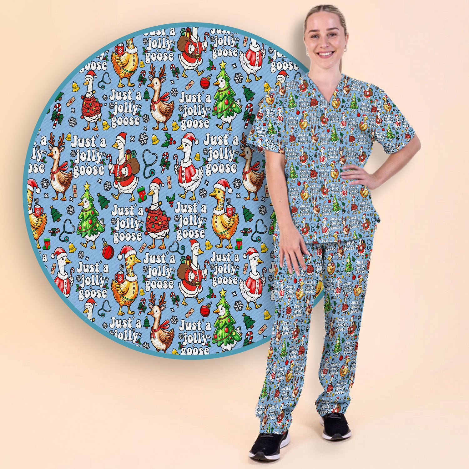 Christmas Goose Scrub Set for Nurse - Funny Jolly Holiday Medical Uniform for Women