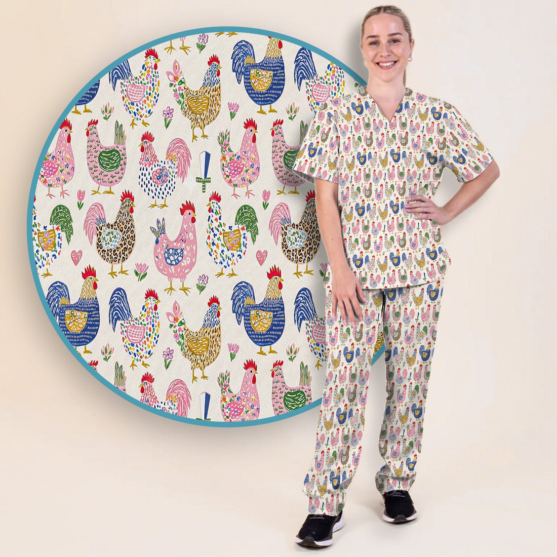 Funny Chicken Rooster Pattern Scrub Set, Women's Scrub Sets