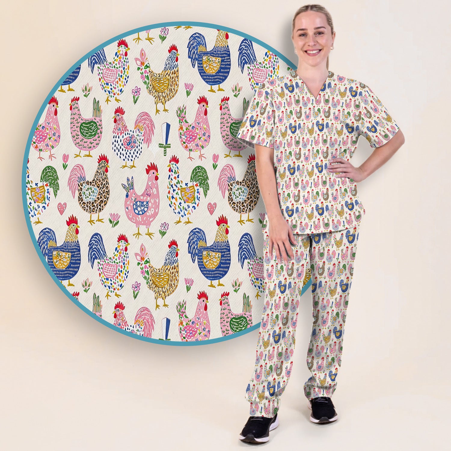 Funny Chicken Rooster Pattern Scrub Set, Women's Scrub Sets