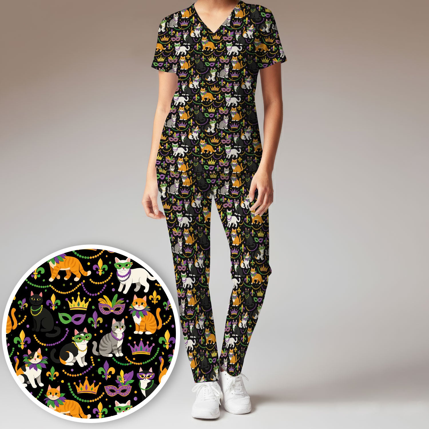 Cat Mardi Gras Nurse Scrub Set, Comfortable Uniform Scrubs For Nursing
