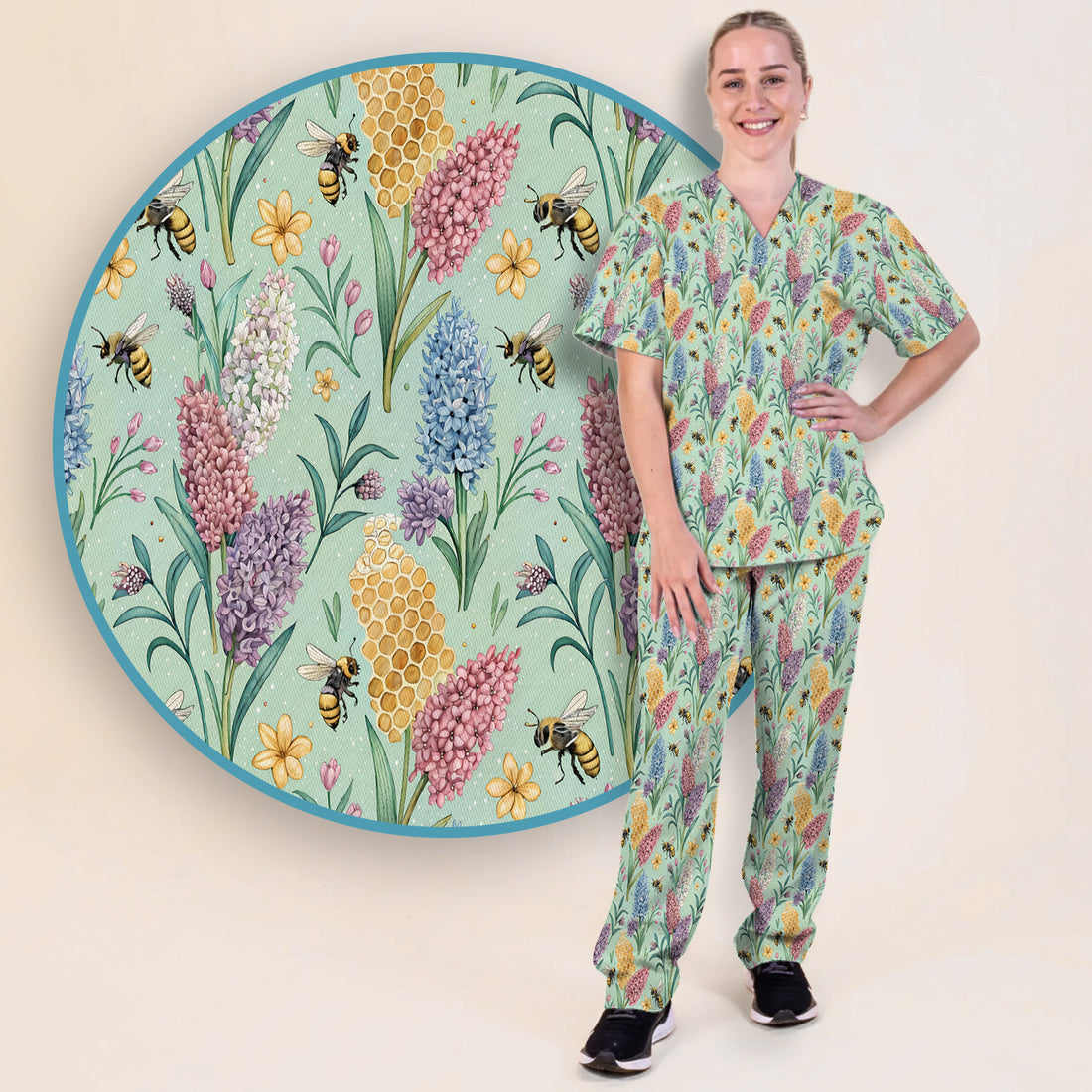 Pastel Wildflower Honeybee Pattern Scrub Set, Scrub Pants and V Neck Top