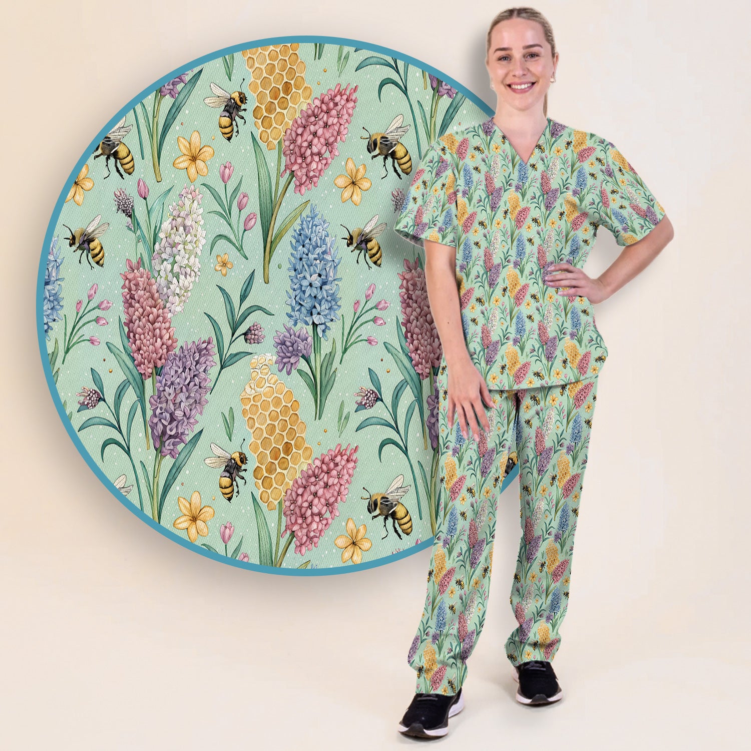 Pastel Wildflower Honeybee Pattern Scrub Set, Scrub Pants and V Neck Top