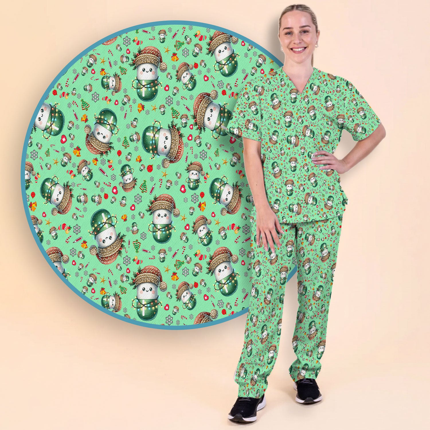 Pharmacy Tech Christmas Scrub Set – Cute Green Snowman Print Nurse Outfit – Funny Holiday Medical Uniform for Pharmacists