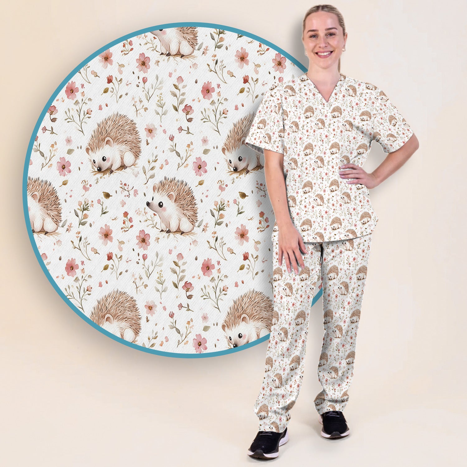 Cute Hedgehog Wildflower Garden Pattern Scrub Set, Scrub Pants and V Neck Top