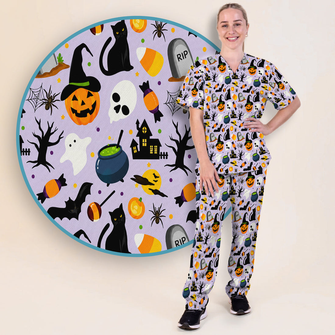 Ghost Pumpkin Witch Pattern Scrub Set, Scrub Pants and V Neck Top