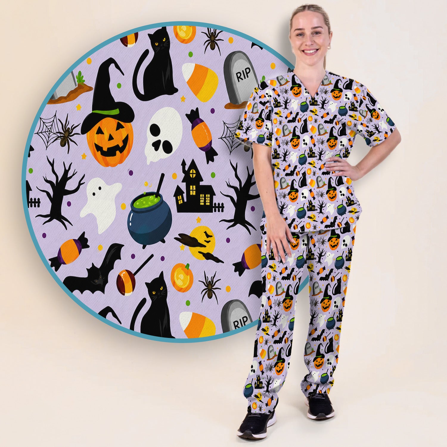 Ghost Pumpkin Witch Pattern Scrub Set, Scrub Pants and V Neck Top