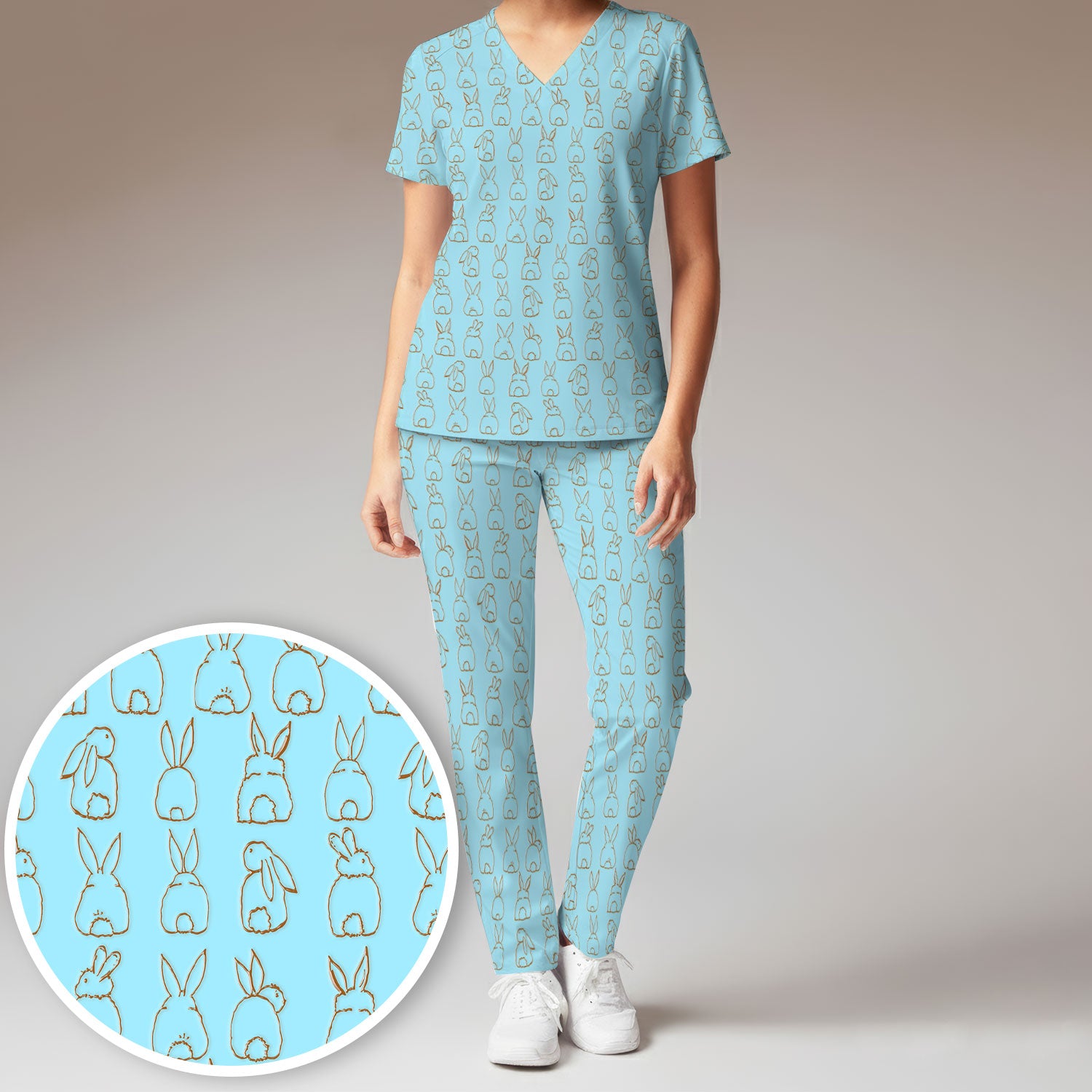 Cartoon Bunny Line Art Pattern Medical Scrub Set, Breathable Med Uniform