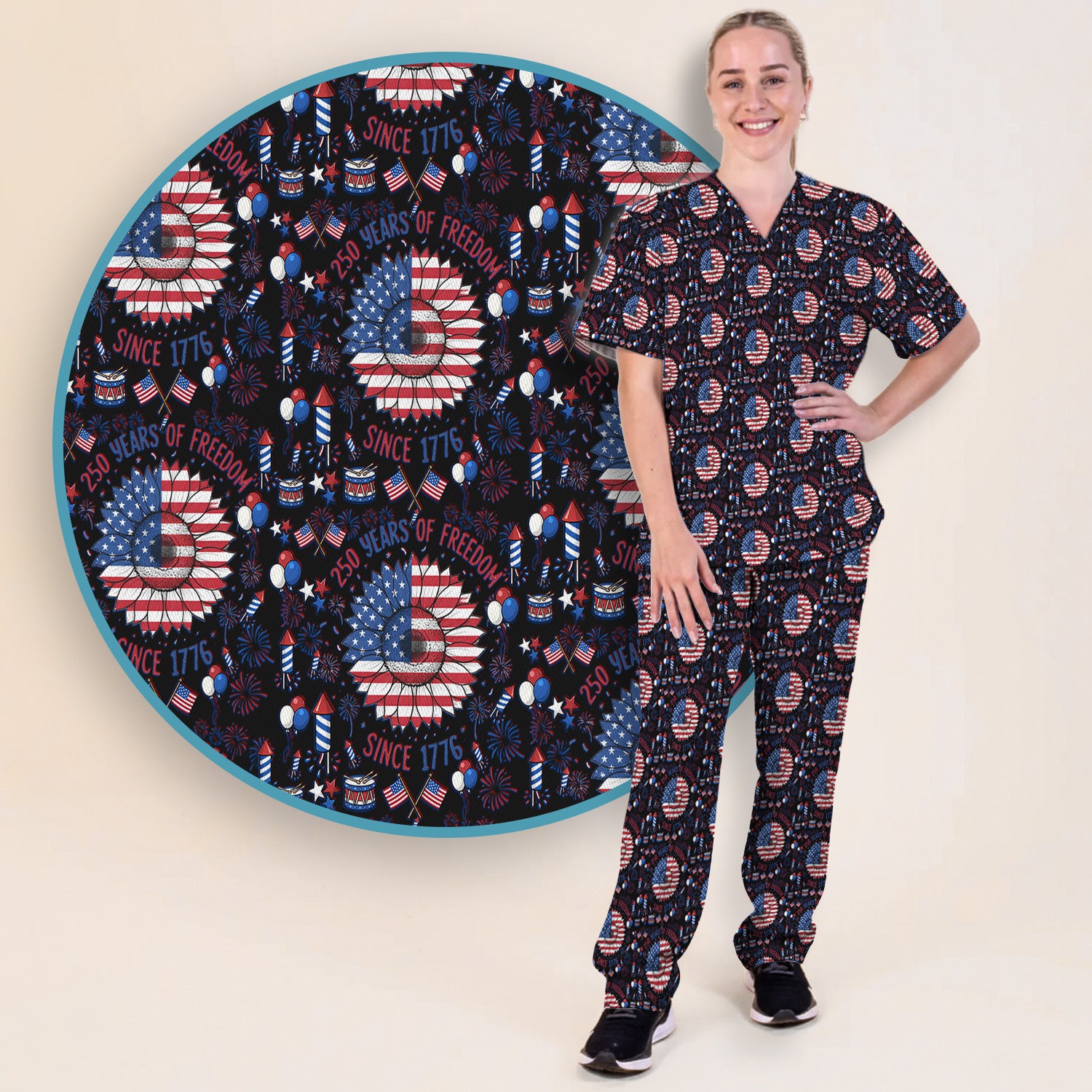 Festive Patriotic Sunflower American Flag Fireworks Pattern Scrub Set, Breathable Med Uniform