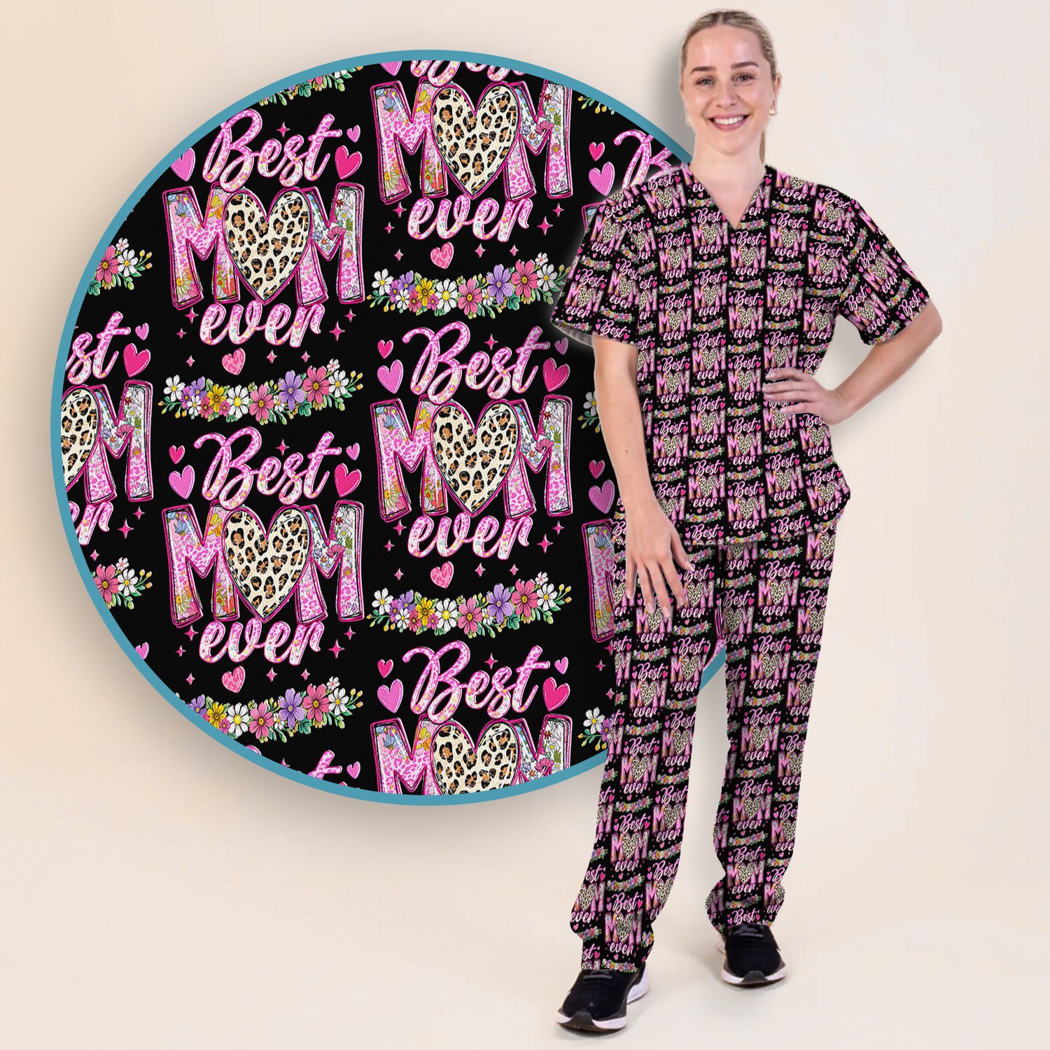 Best Mom Ever Leopard Heart Floral Pattern Scrub Set, Nurse Uniform Scrubs Set