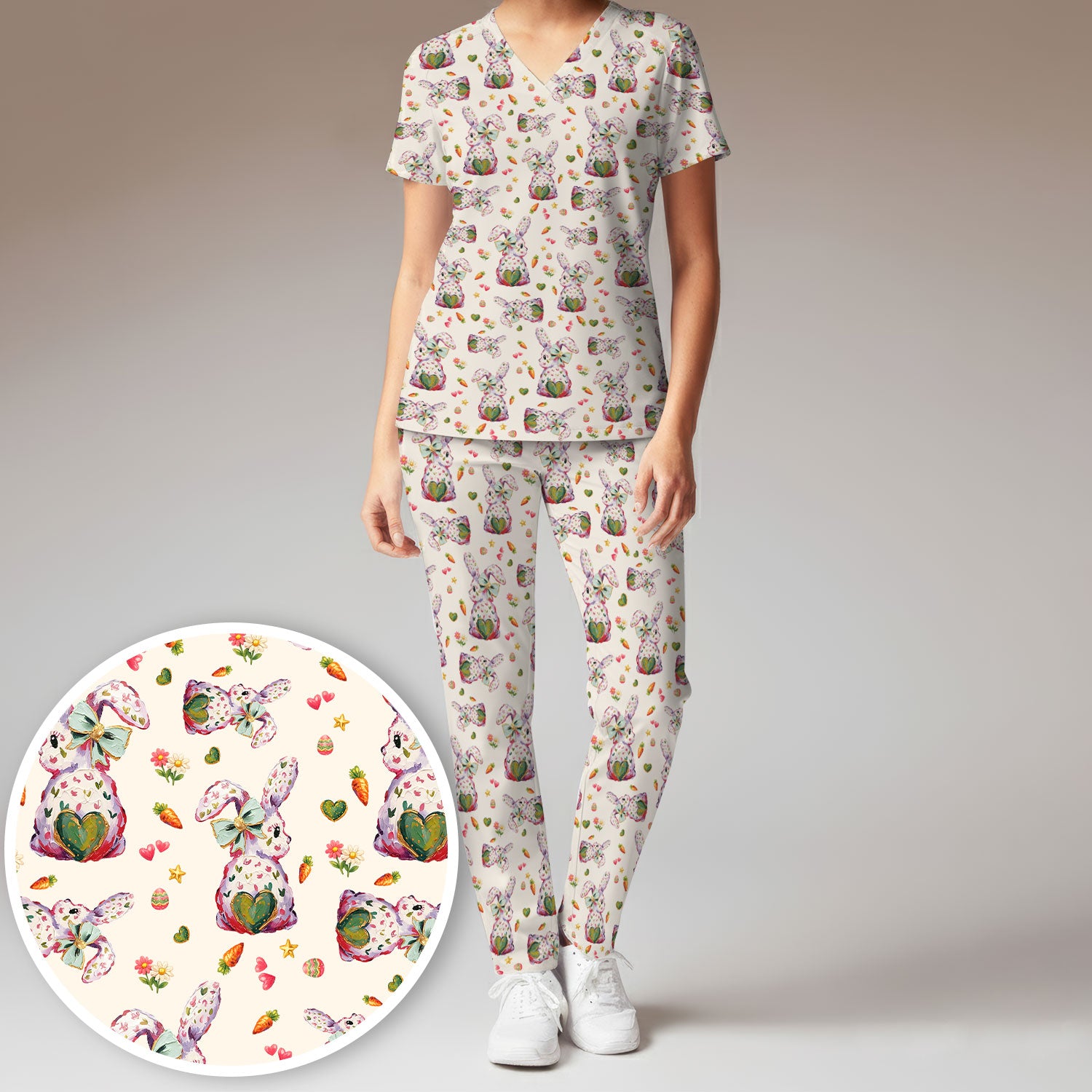 Cute Pastel Bunny Easter Pattern Scrub Set, Scrub Pants and V Neck Top