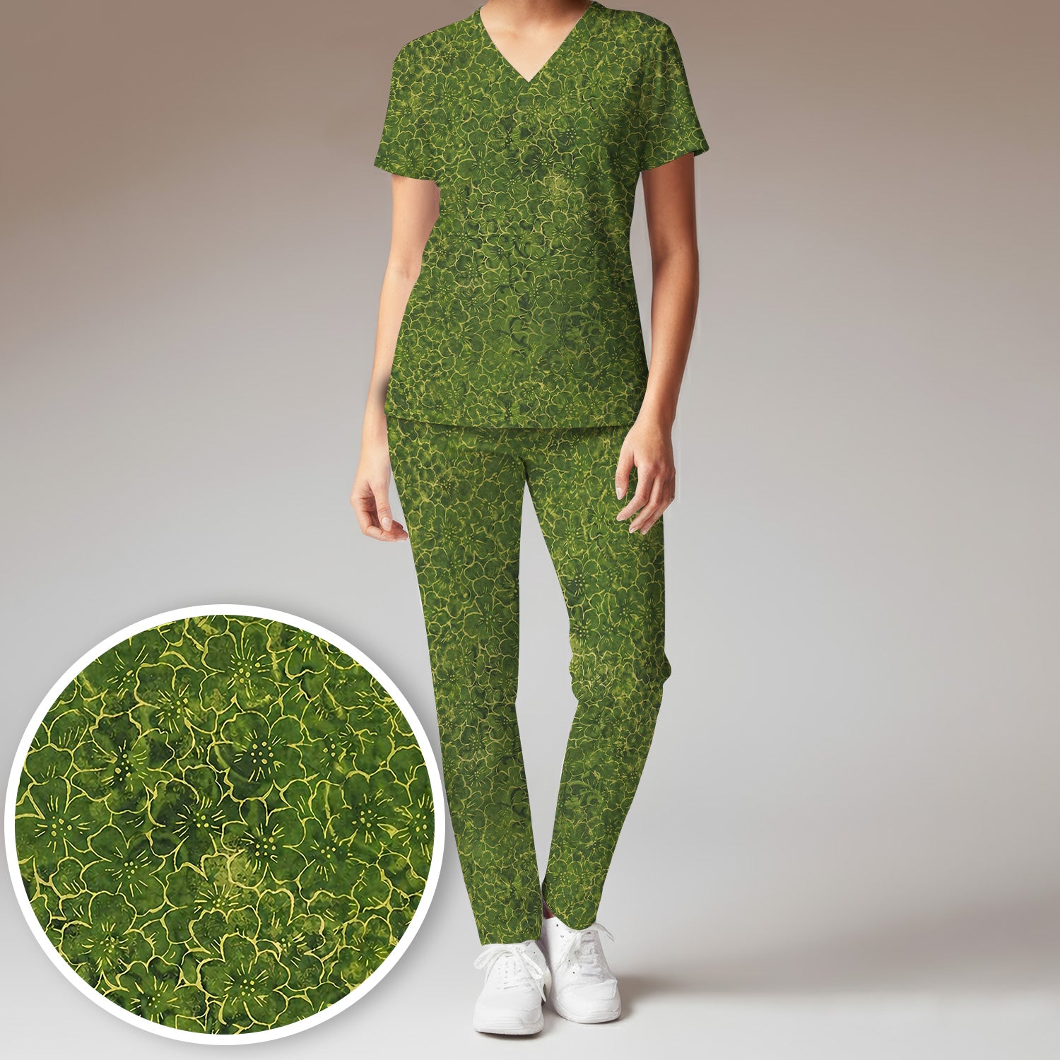 Green Floral Blossom Pattern Scrub Set, Scrub Pants and V Neck Top