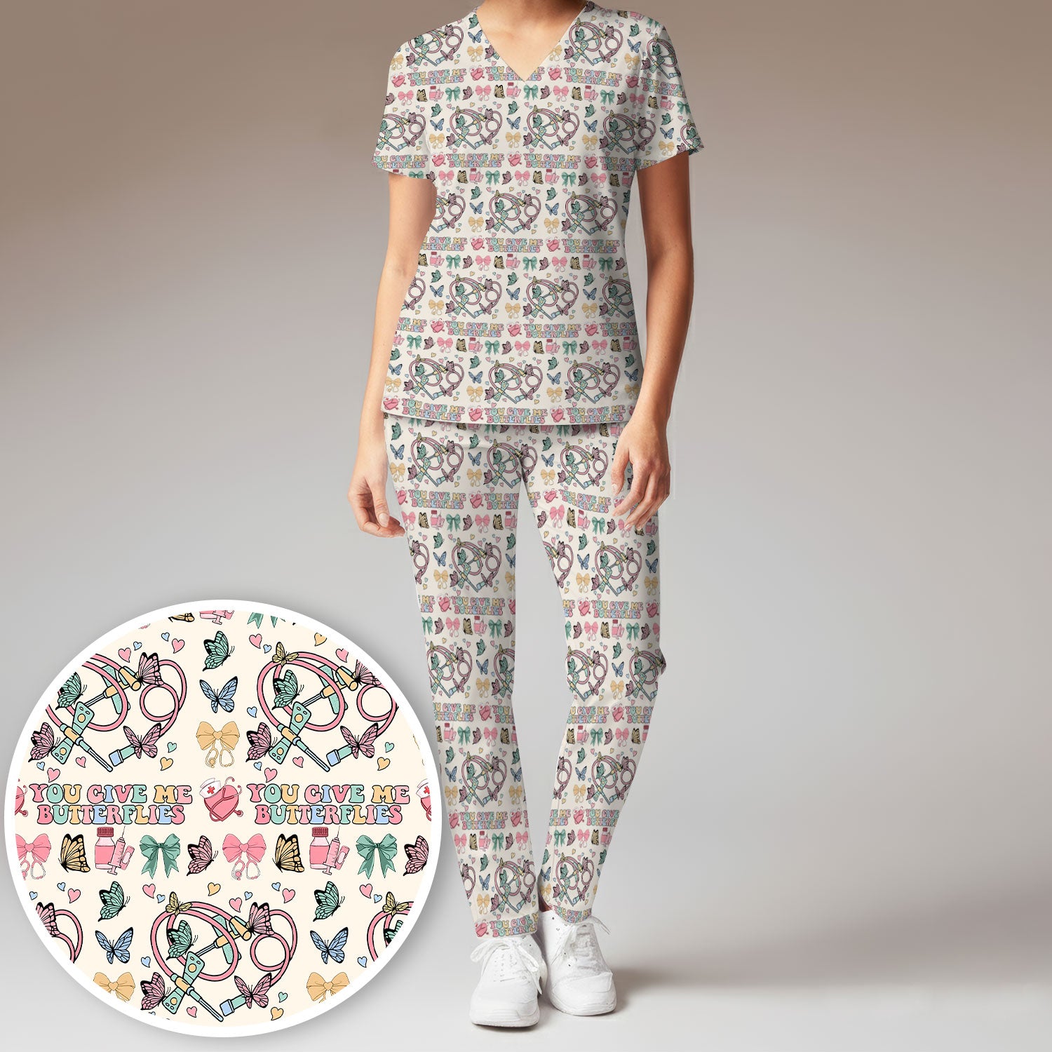Butterfly Heart Valentine Medical Pattern Scrub, Women's Scrub Sets