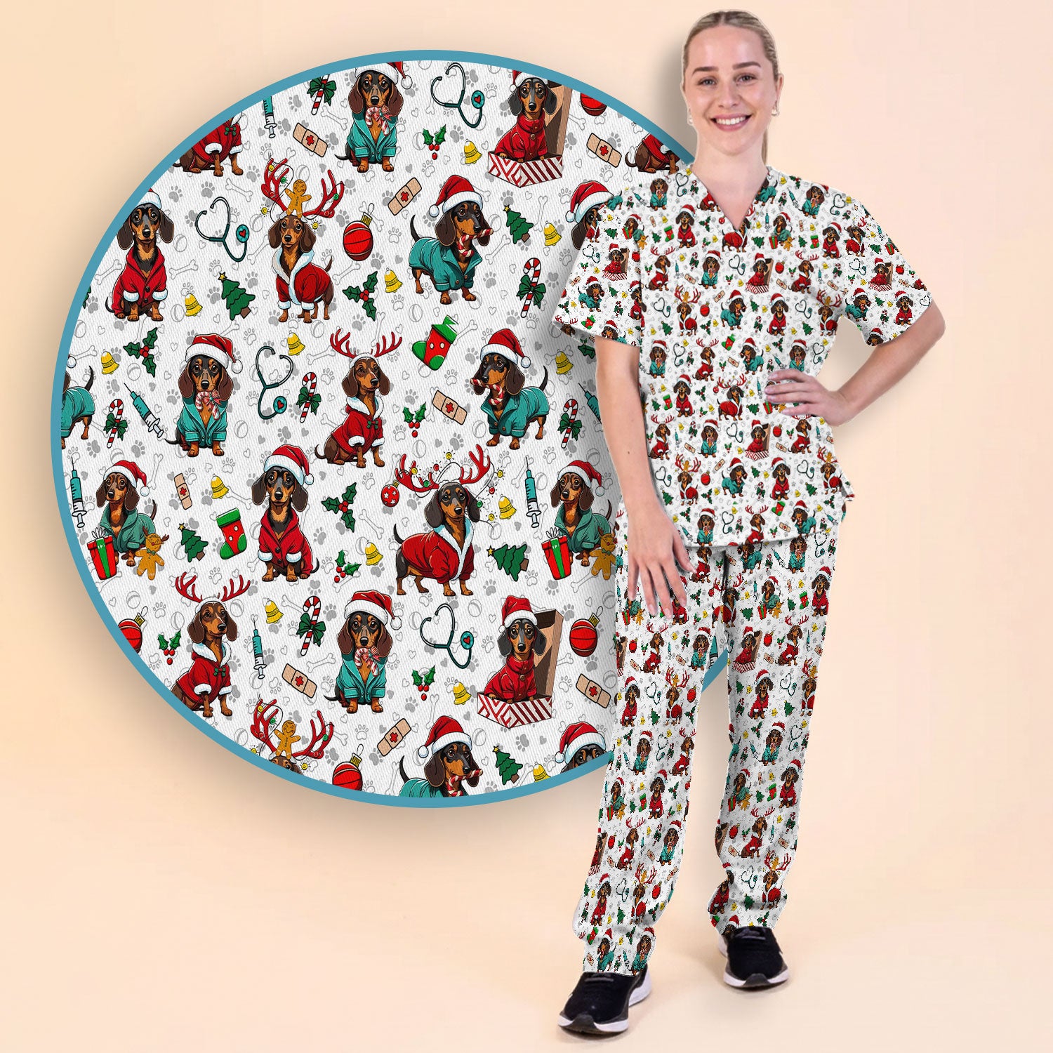 Christmas Dachshund Scrub Set for Nurses - Cute Sausage Dog Holiday - Funny Reindeer & Santa Scrubs Pants and V Neck Top