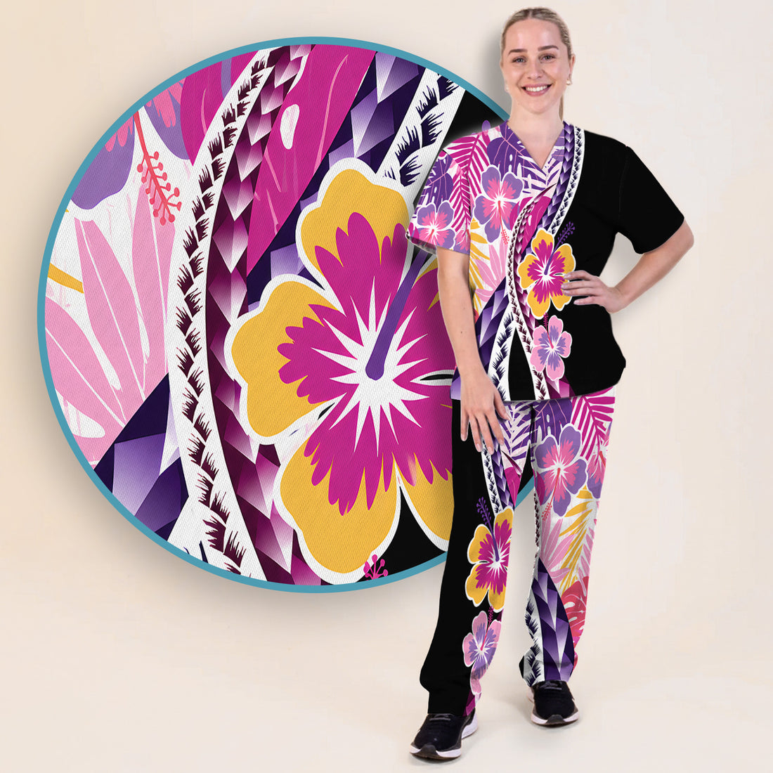 Nurse Tropical Hibiscus Leaf Pattern Scrub Set, Scrub Pants and V Neck Top
