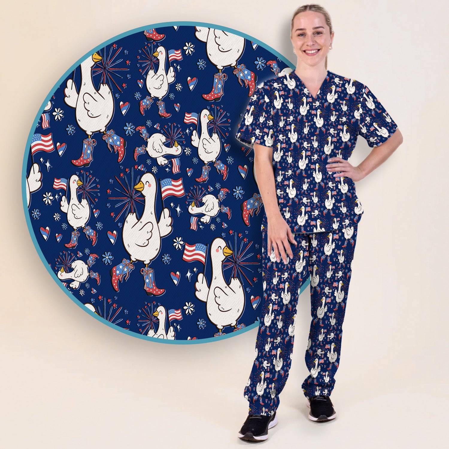 Patriotic Goose With USA Flag Fireworks Scrub Set, Breathable Fabrics Nursing Uniform