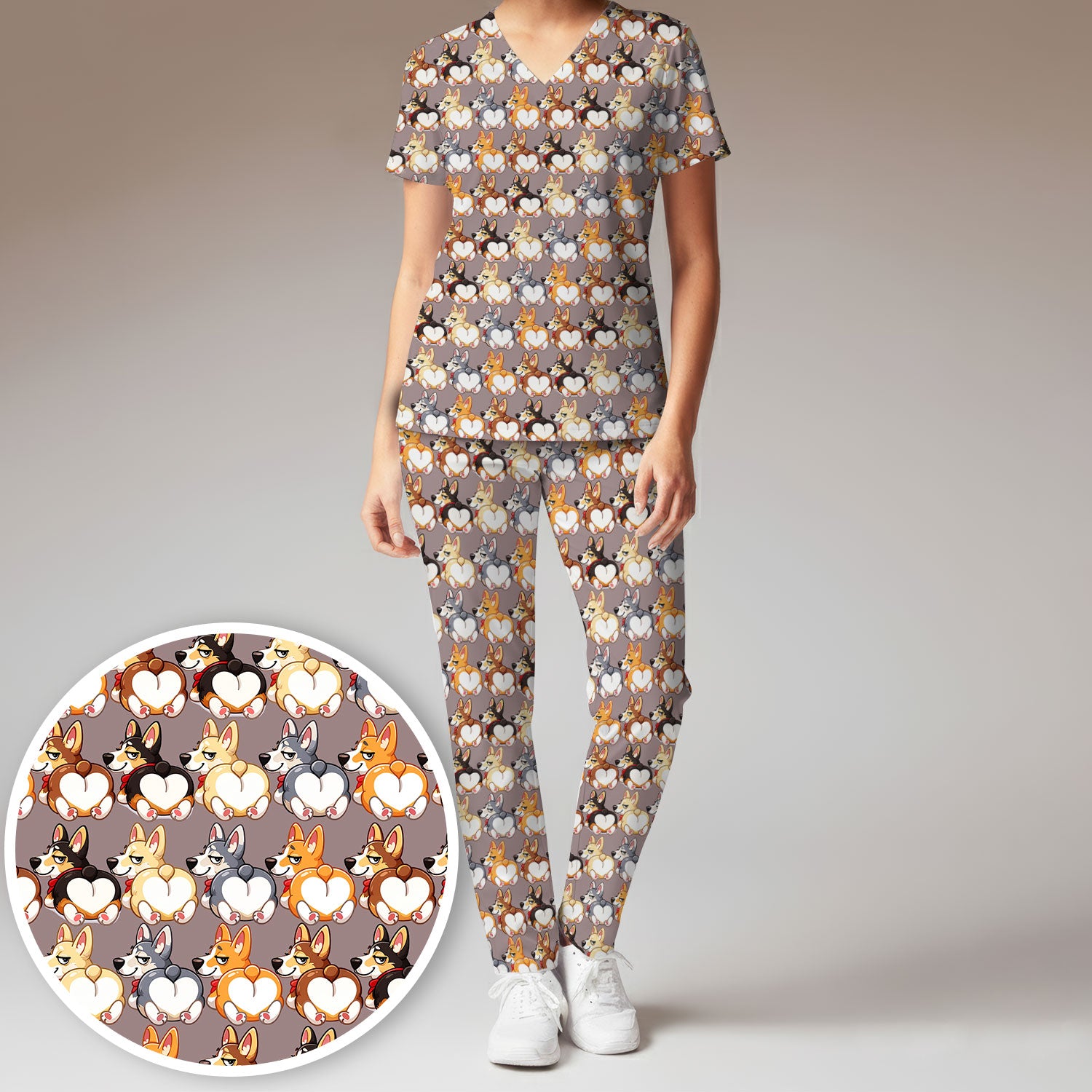 Funny Corgi Cartoon Pattern Scrub Set, Breathable Med Uniform