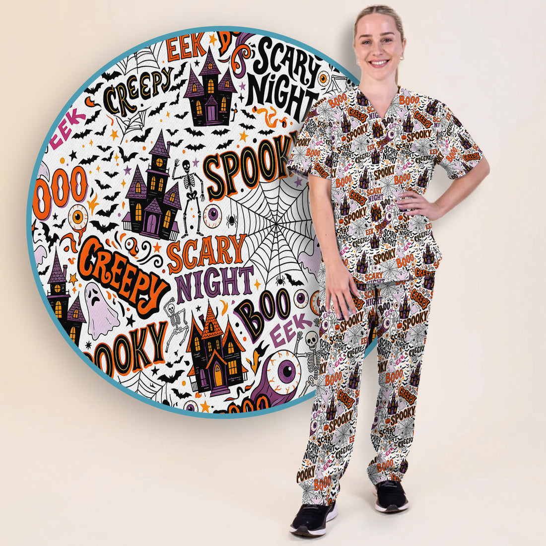Spooky Halloween Haunted House Typography Scrub Set, Scrub Pants and V Neck Top