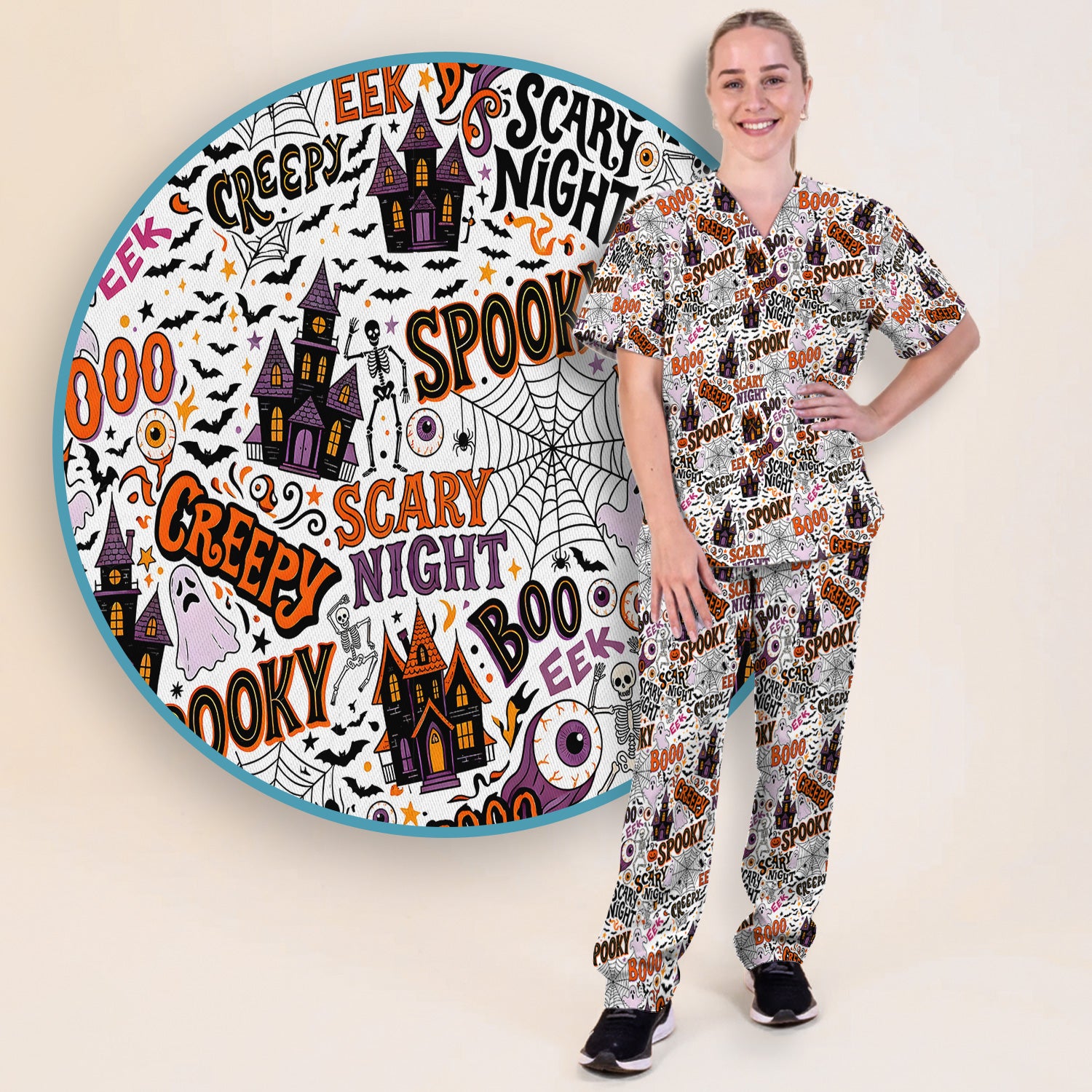 Spooky Halloween Haunted House Typography Scrub Set, Scrub Pants and V Neck Top