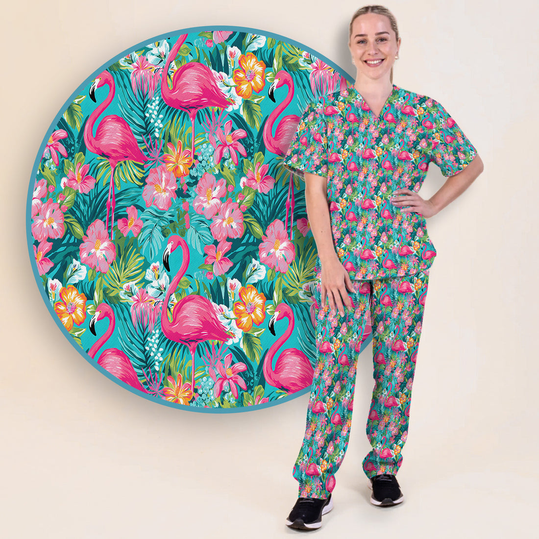 Tropical Flamingo Floral Pattern Scrub Set, Scrub Pants and V Neck Top