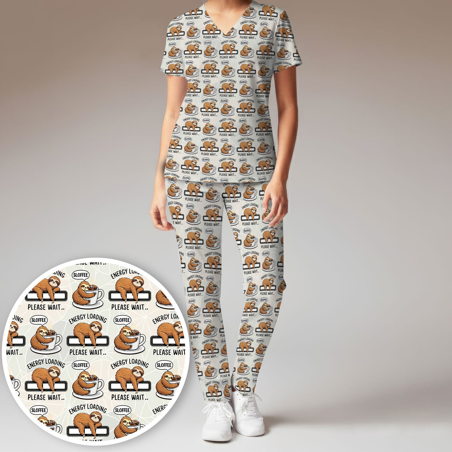 Funny Sloth Coffee Energy Loading Pattern Scrubs Sets, Scrub Pants and V Neck Top