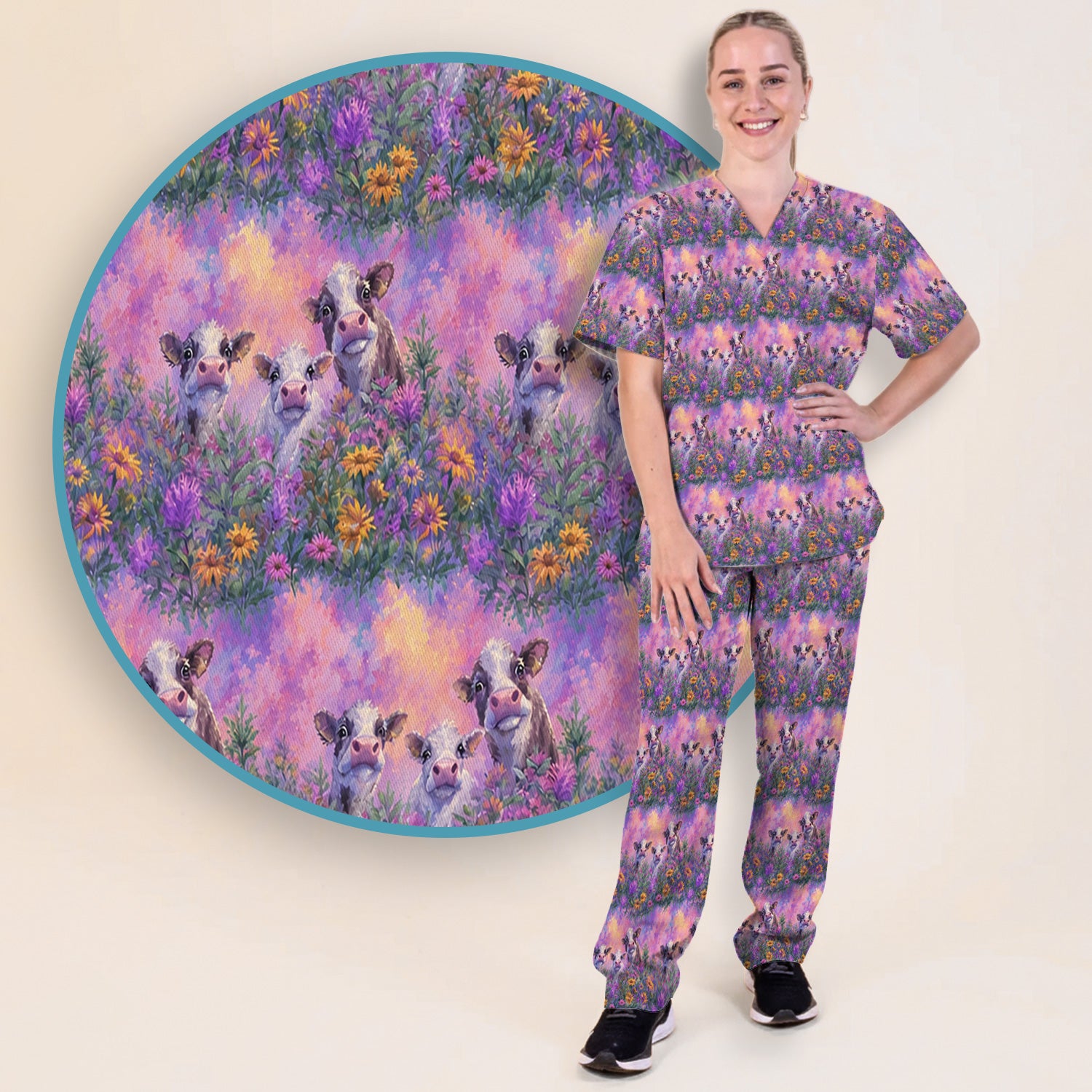 Pastel Cow Meadow Flower Pattern Scrub Set, Scrub Pants and V Neck Top