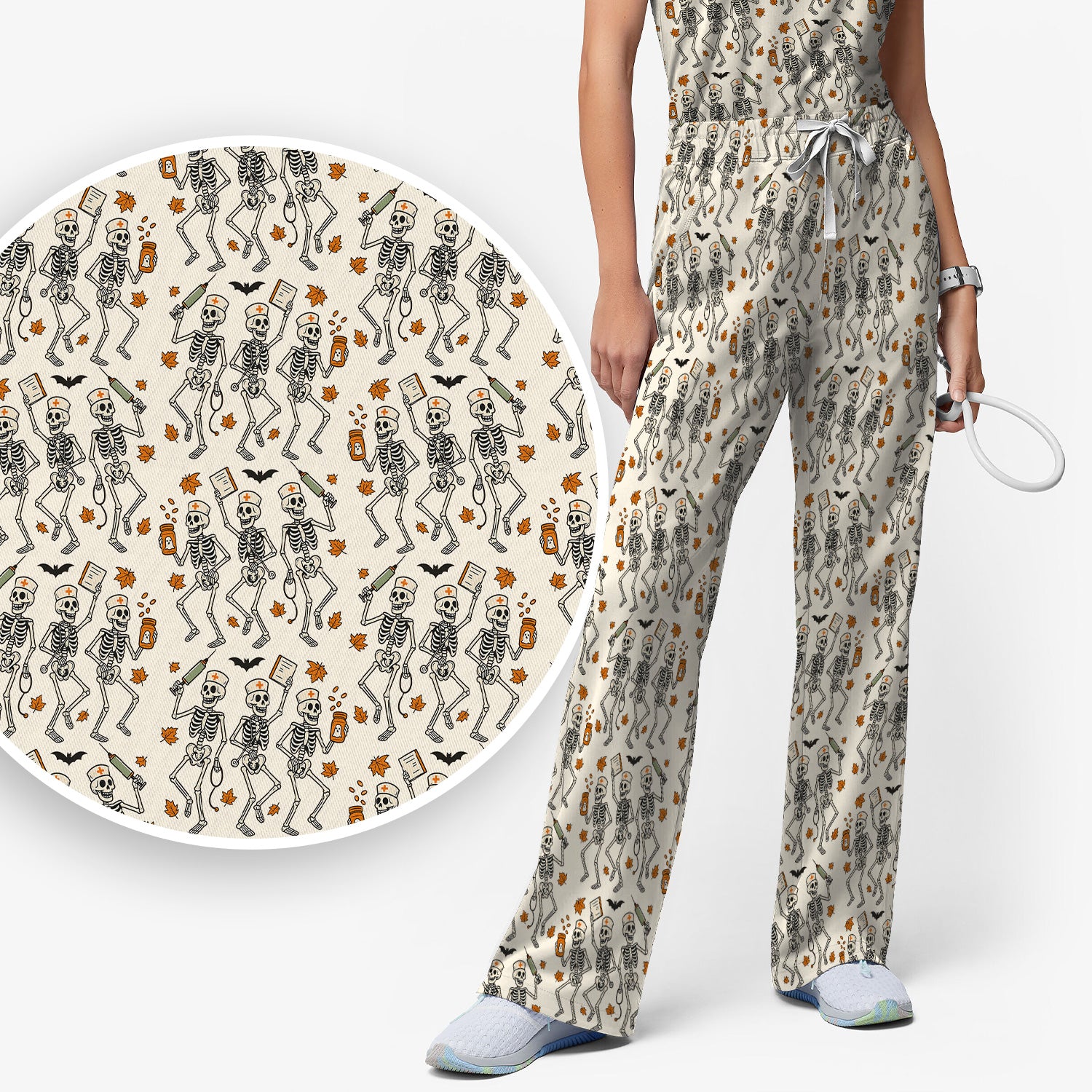 Funny Halloween Skeleton Pattern Scrub Set, Scrub Pants and V Neck Top