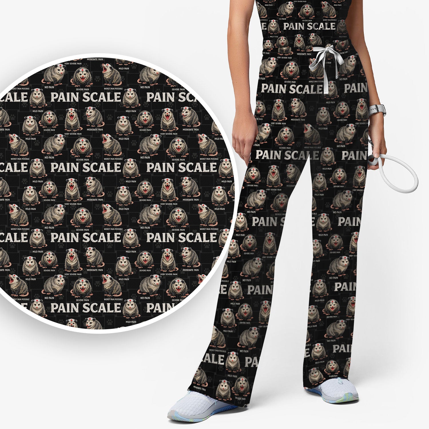 Edgy Possum Pain Scale Nurse Pattern Scrub Set, Scrub Pants and V Neck Top