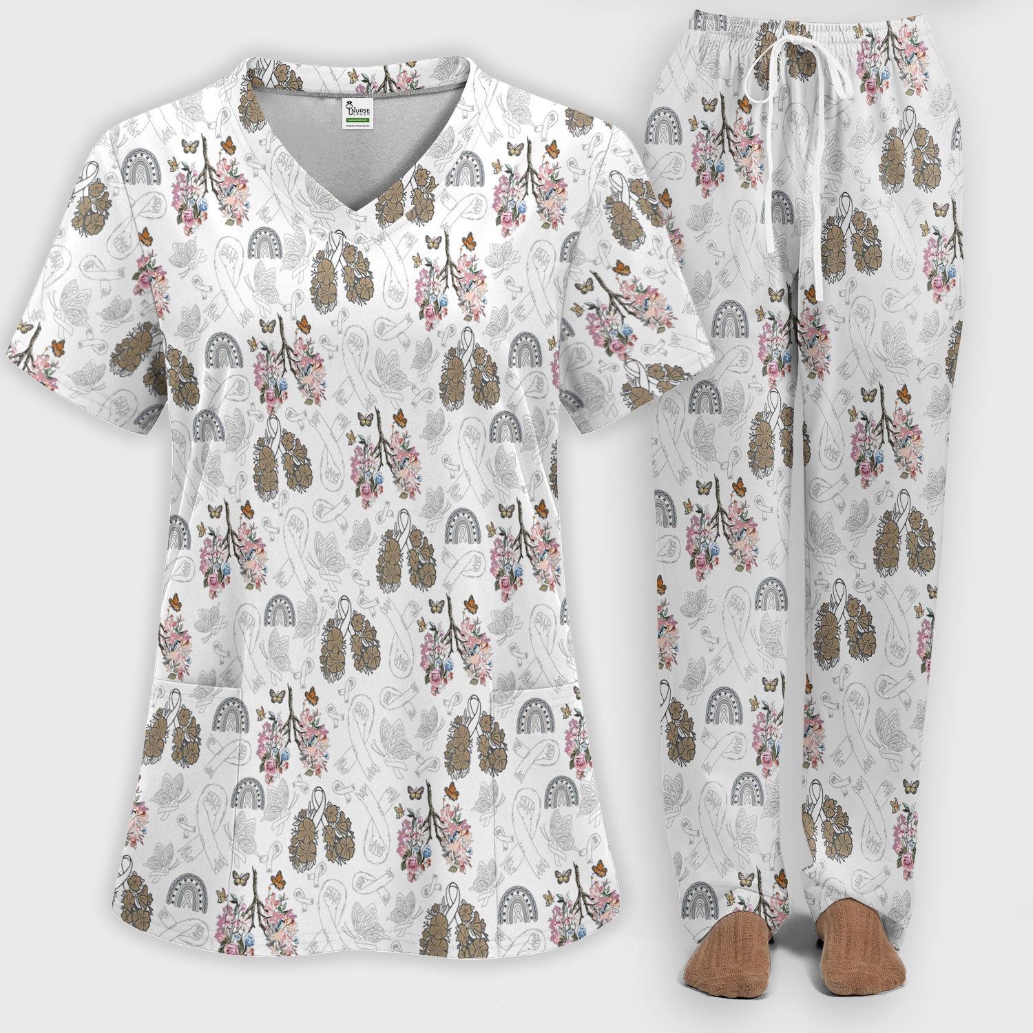 Lung Cancer Awareness Scrub Sets for Nurse - White Ribbon Butterfly Floral Scrub Pants and V Neck Top - Breathable Med Uniform for Women
