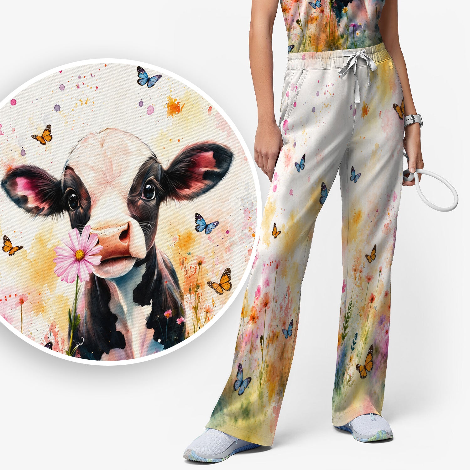 Cute Butterfly Baby Cow Pattern Scrub Set, Scrub Pants and V Neck Top