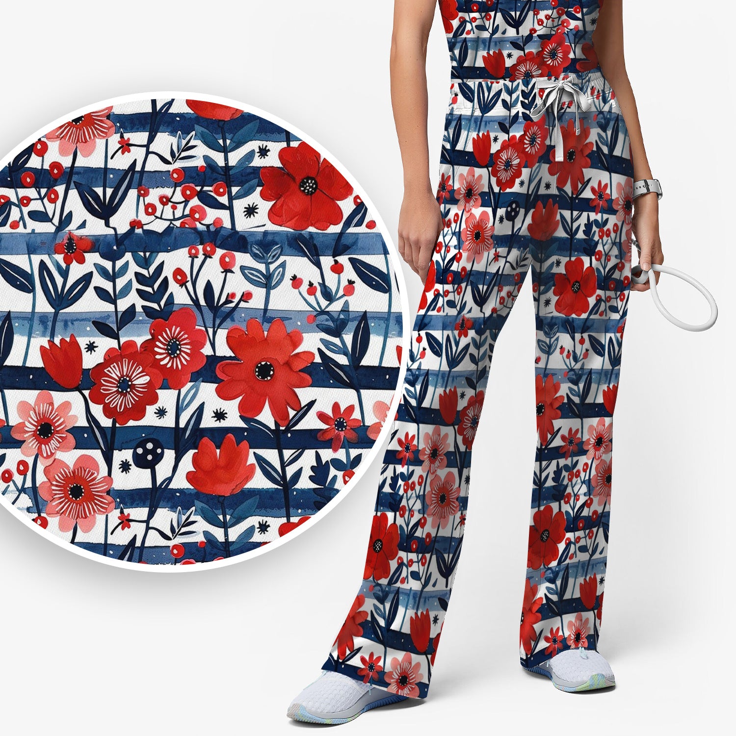 Red Poppy Navy Stripe Pattern Scrub Set, Scrub Pants and V Neck Top