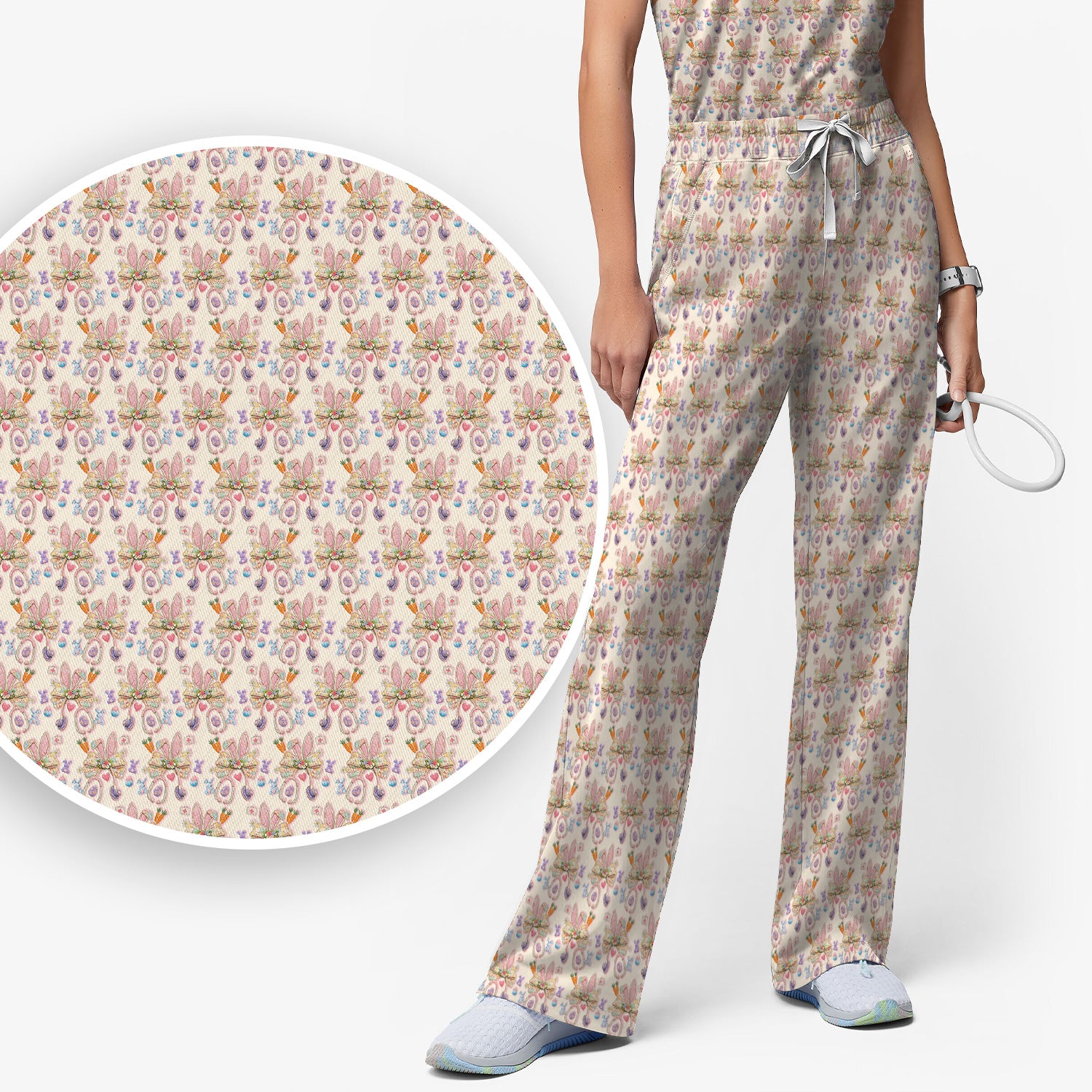 Easter Bunny Stethoscope Pastel Print Scrub Set, Scrub Pants and V Neck Top