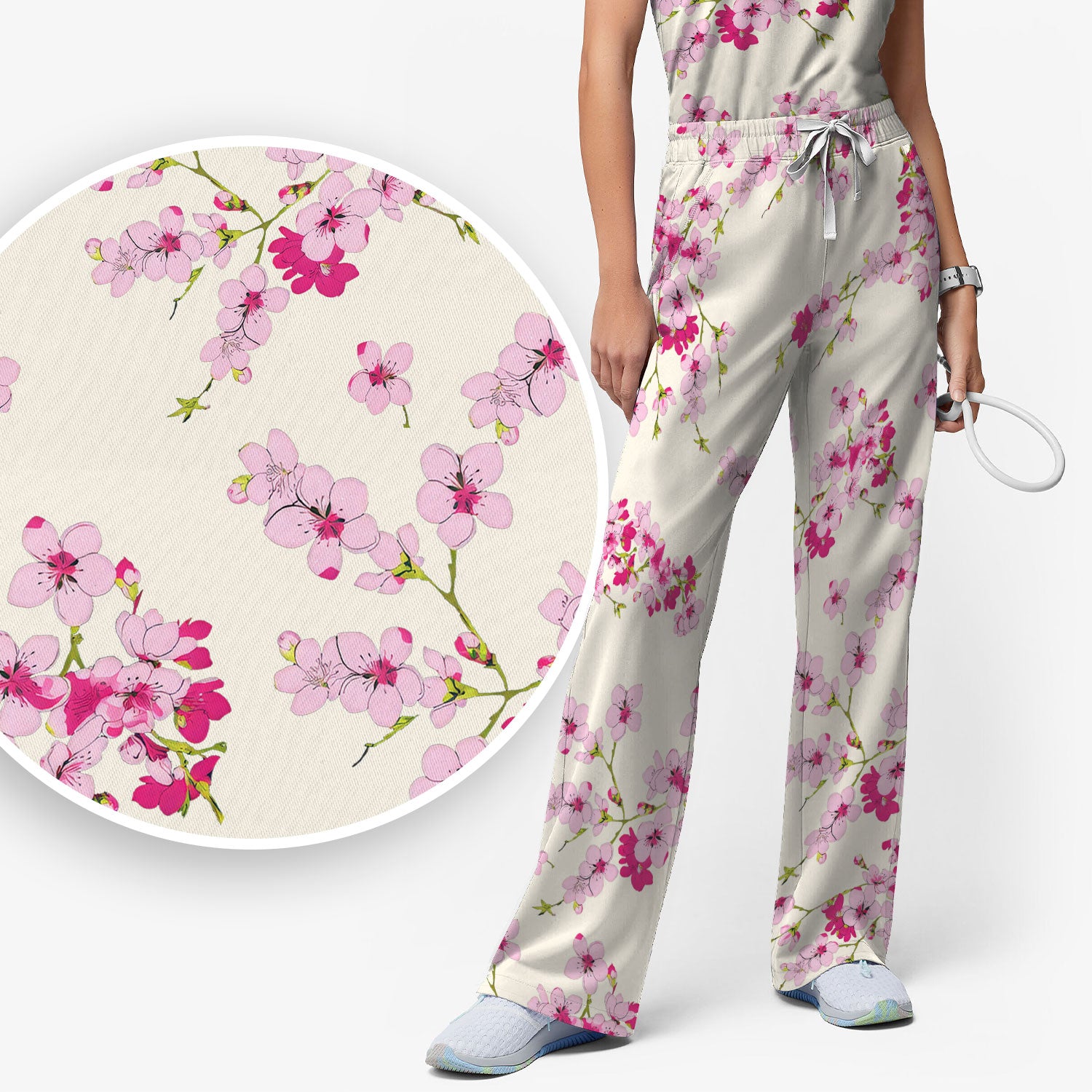 Elegant Cherry Blossom Floral Pattern Scrub Set , Breathable Med Uniform