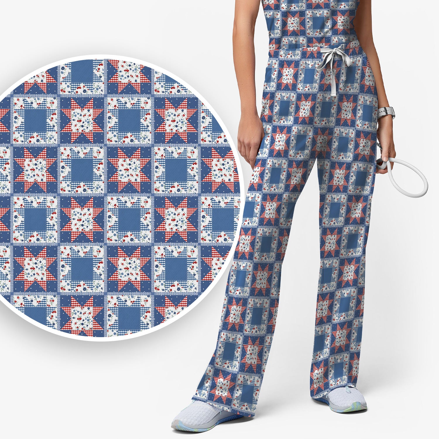 Vintage Patchwork Star Quilt Pattern Scrub Set, Scrub Pants and V Neck Top