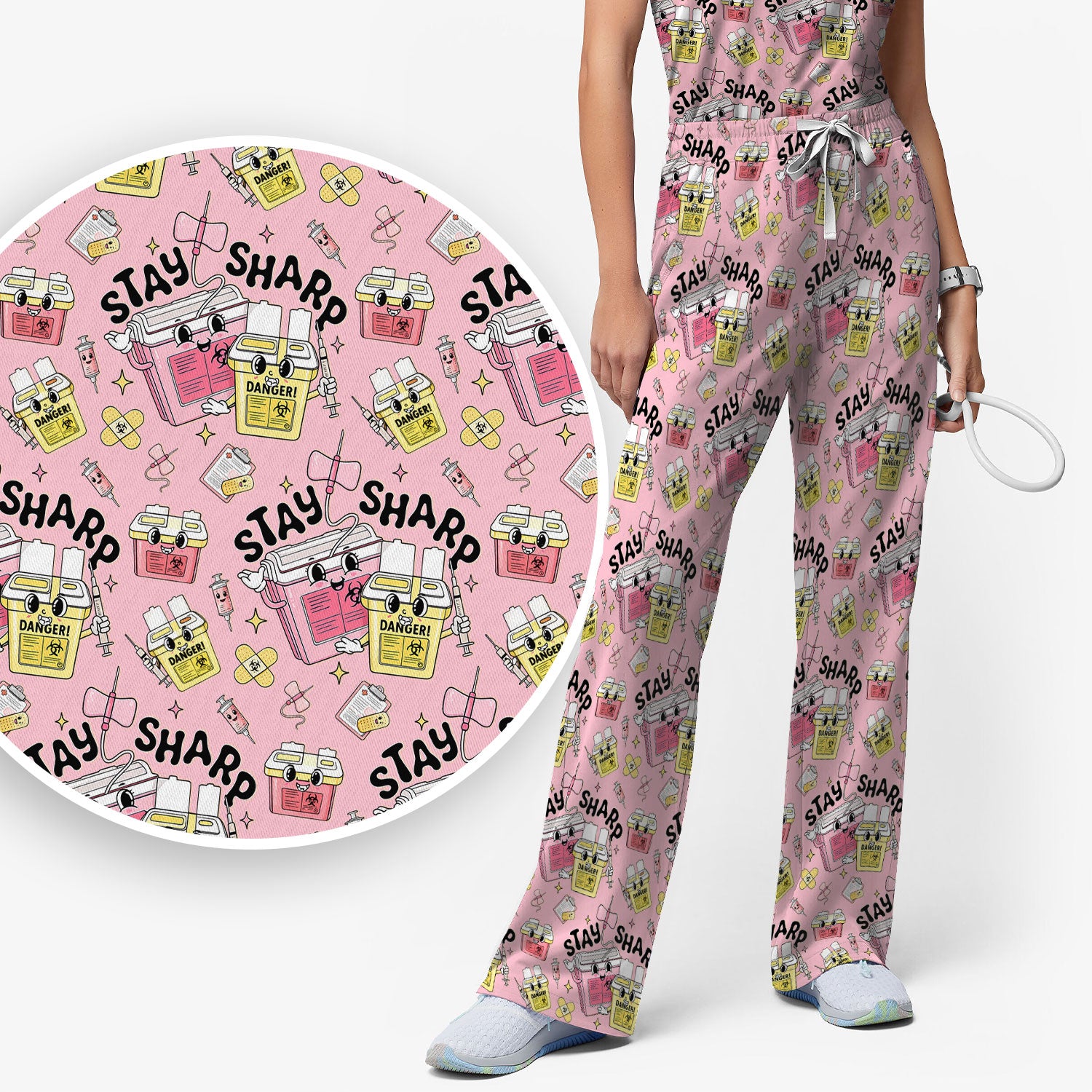 Stay Sharp Nurse Scrub Set, Cute Medical Pattern Scrubs, Breathable Fabrics Nursing Uniform