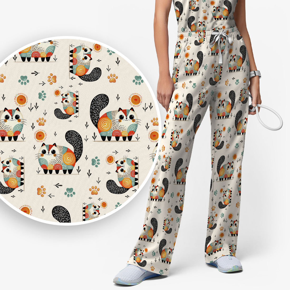 Playful Cat Illustration Women's Scrub Set, Breathable Med Uniform