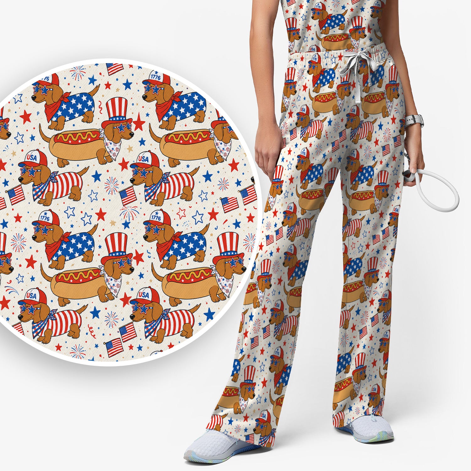 Patriotic Dachshund Fourth Of July Scrub Set, Scrub Pants and V Neck Top