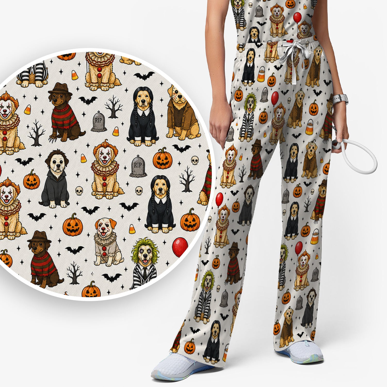 Funny Halloween Dog Pattern Scrub Set, Scrub Pants and V Neck Top