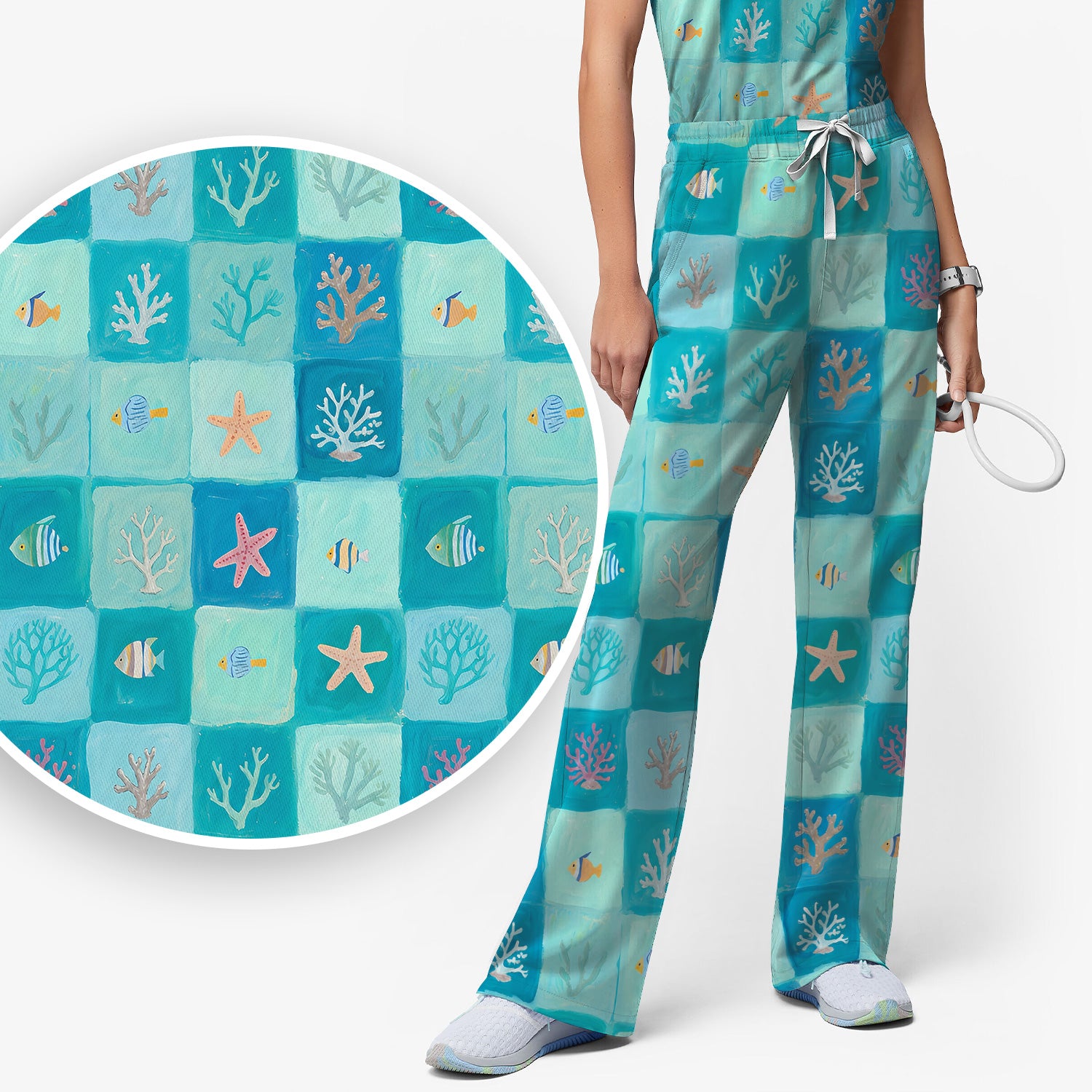 Ocean Coral Fish Starfish Checkered Pattern Scrub Set, Scrub Pants and V Neck Top