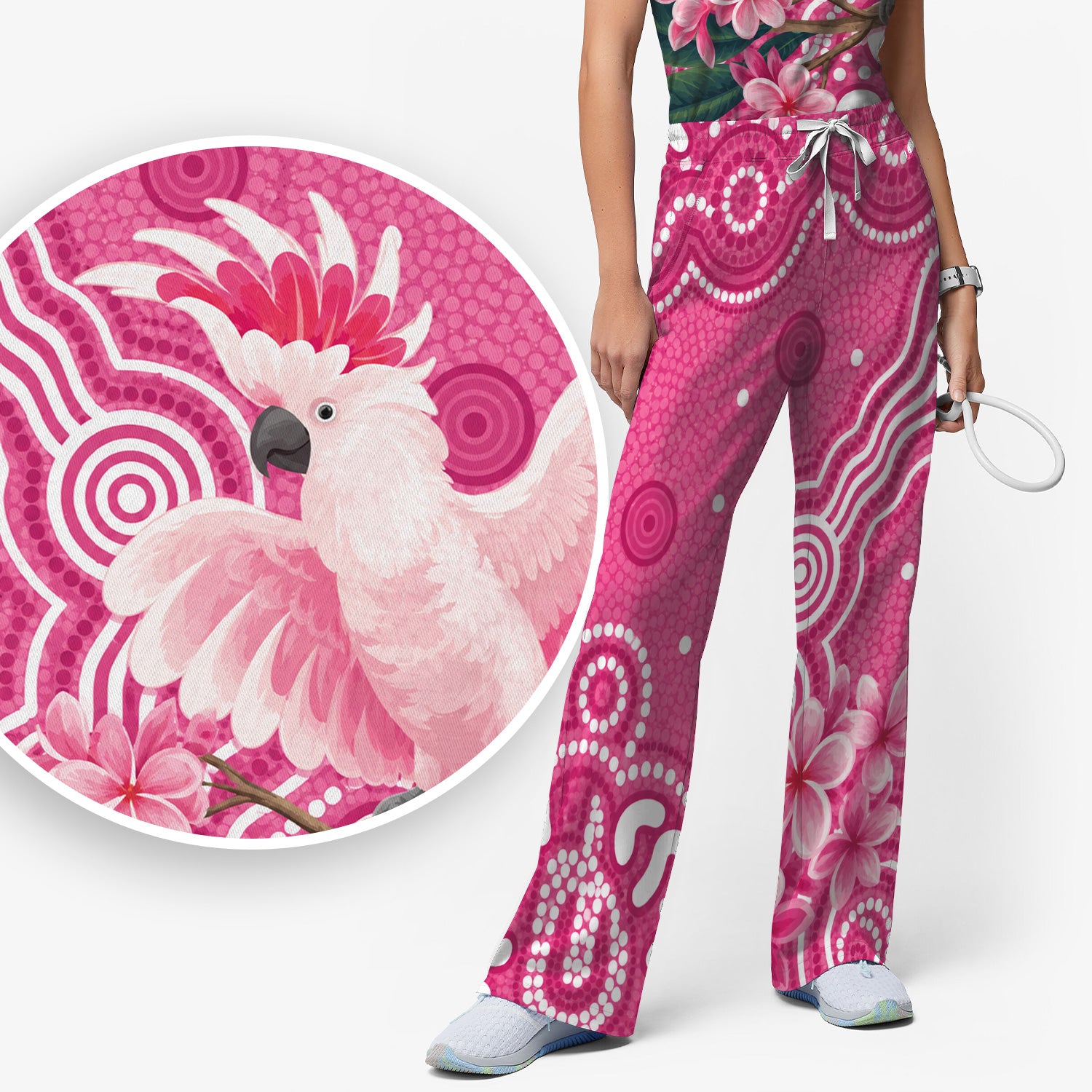 Pink Cockatoo Floral Dot Pattern Scrub Set, Scrub Pants and V Neck Top